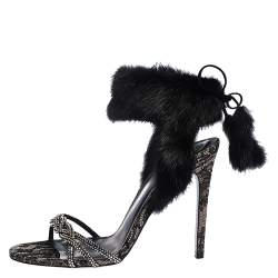 Pre Owned René Caovilla Black Fur And Crystal Embellished Ankle Cuff Sandals Size 39