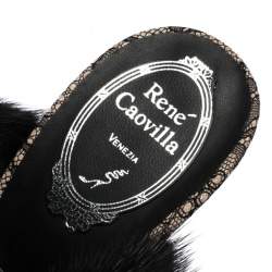 Pre Owned René Caovilla Black Fur And Crystal Embellished Ankle Cuff Sandals Size 39