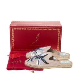 Pre Owned Rene Caovilla Beige Embroidered Suede And Crystal Embellished Espadrille Flats Size 38