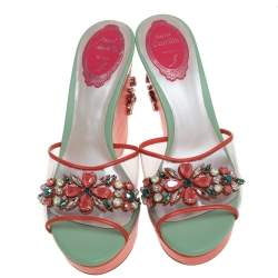 René Caovilla Tri Color PVC And Leather Trim Jewel Embellished Wedge Slide Sandals Size 37