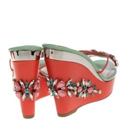 René Caovilla Tri Color PVC And Leather Trim Jewel Embellished Wedge Slide Sandals Size 37