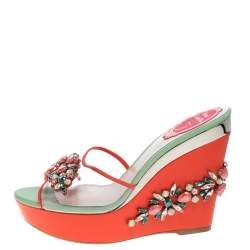 René Caovilla Tri Color PVC And Leather Trim Jewel Embellished Wedge Slide Sandals Size 37