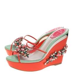 René Caovilla Tri Color PVC And Leather Trim Jewel Embellished Wedge Slide Sandals Size 37