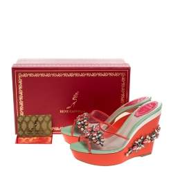 René Caovilla Tri Color PVC And Leather Trim Jewel Embellished Wedge Slide Sandals Size 37