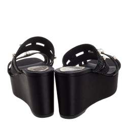 René Caovilla Black Crystal Embellished Suede Leather Lucia Wedge Platform Sandals Size 37