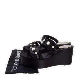 René Caovilla Black Crystal Embellished Suede Leather Lucia Wedge Platform Sandals Size 37
