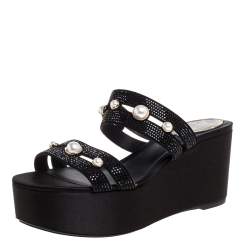 René Caovilla Black Crystal Embellished Suede Leather Lucia Wedge Platform Sandals Size 37