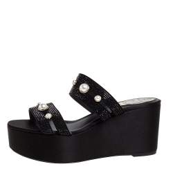 René Caovilla Black Crystal Embellished Suede Leather Lucia Wedge Platform Sandals Size 37