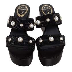René Caovilla Black Crystal Embellished Suede Leather Lucia Wedge Platform Sandals Size 37
