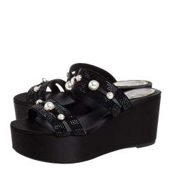 René Caovilla Black Crystal Embellished Suede Leather Lucia Wedge Platform Sandals Size 37