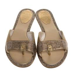 Pre Owned حذاء بإصبع سلايدز رينيه كوفيلا فلات ساتان زخرفة كريستال وجلد ذهبى مقاس 36