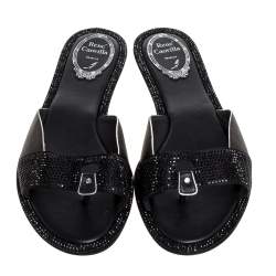 René Caovilla Black Satin And Lizard Embossed Leather Flat Slides Size 38