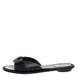 René Caovilla Black Satin And Lizard Embossed Leather Flat Slides Size 38