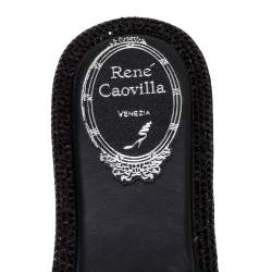 René Caovilla Black Satin And Lizard Embossed Leather Flat Slides Size 38