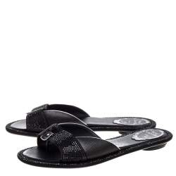 René Caovilla Black Satin And Lizard Embossed Leather Flat Slides Size 38