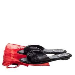 René Caovilla Black Satin And Lizard Embossed Leather Flat Slides Size 38