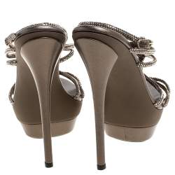 René Caovilla Metallic Crystal Embellished Satin Platform Ankle Strap Sandals Size 38