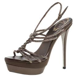 René Caovilla Metallic Crystal Embellished Satin Platform Ankle Strap Sandals Size 38