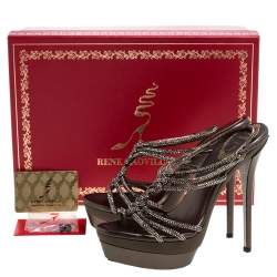 René Caovilla Metallic Crystal Embellished Satin Platform Ankle Strap Sandals Size 38