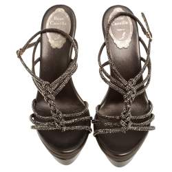 René Caovilla Metallic Crystal Embellished Satin Platform Ankle Strap Sandals Size 38