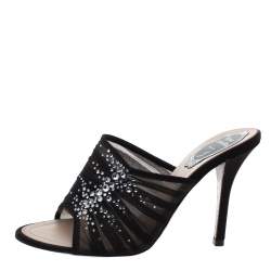 Pre Owned حذاء سلايد رينيه كوفيلا مزخرف كريستال شيفون أسود مقاس 37