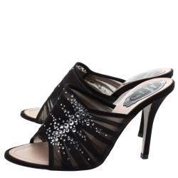 Pre Owned حذاء سلايد رينيه كوفيلا مزخرف كريستال شيفون أسود مقاس 37