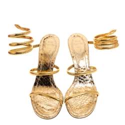 مملوكة مسبقًا Rene Caovilla Gold Metal and Python Embossed Leather Cleo Sandals Size 38