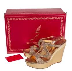 Pre Owned René Caovilla Gold Leather And PVC Embellished Sandals Size 38.5