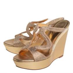 Pre Owned René Caovilla Gold Leather And PVC Embellished Sandals Size 38.5