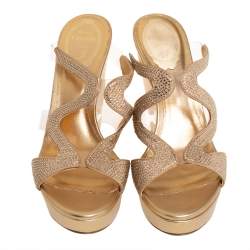 Pre Owned René Caovilla Gold Leather And PVC Embellished Sandals Size 38.5