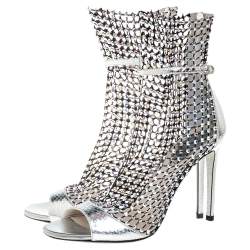 René Caovilla Silver/Black Python Embossed Leather Galaxia Sandals Size 37