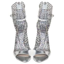 René Caovilla Silver/Black Python Embossed Leather Galaxia Sandals Size 37