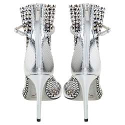 René Caovilla Silver/Black Python Embossed Leather Galaxia Sandals Size 37