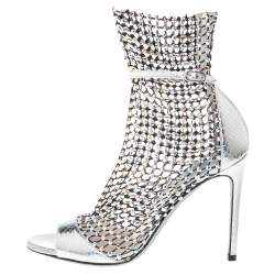 René Caovilla Silver/Black Python Embossed Leather Galaxia Sandals Size 37
