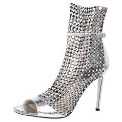 René Caovilla Silver/Black Python Embossed Leather Galaxia Sandals Size 37