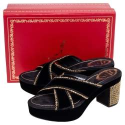 René Caovilla  Black Velvet Embellished Criss Cross Block Heel Platform Sandals Size 38