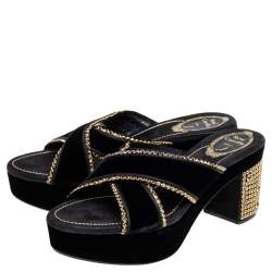 René Caovilla  Black Velvet Embellished Criss Cross Block Heel Platform Sandals Size 38