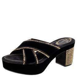 René Caovilla  Black Velvet Embellished Criss Cross Block Heel Platform Sandals Size 38