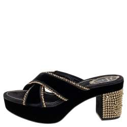 René Caovilla  Black Velvet Embellished Criss Cross Block Heel Platform Sandals Size 38