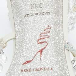 Pre Owned Rene Caovilla White Leather Crystal Embellished Chandelier Ankle Wrap Sandals Size 38.5