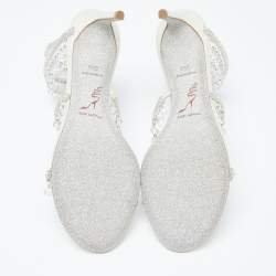 Pre Owned Rene Caovilla White Leather Crystal Embellished Chandelier Ankle Wrap Sandals Size 38.5