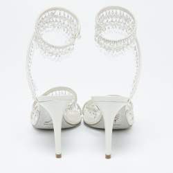 Pre Owned Rene Caovilla White Leather Crystal Embellished Chandelier Ankle Wrap Sandals Size 38.5