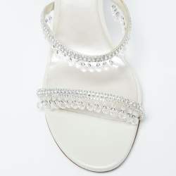 Pre Owned Rene Caovilla White Leather Crystal Embellished Chandelier Ankle Wrap Sandals Size 38.5
