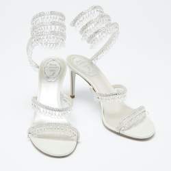 Pre Owned Rene Caovilla White Leather Crystal Embellished Chandelier Ankle Wrap Sandals Size 38.5
