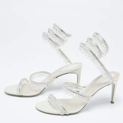 Pre Owned Rene Caovilla White Leather Crystal Embellished Chandelier Ankle Wrap Sandals Size 38.5