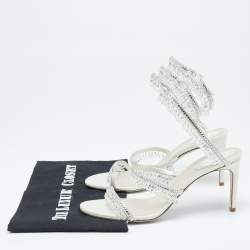 Pre Owned Rene Caovilla White Leather Crystal Embellished Chandelier Ankle Wrap Sandals Size 38.5