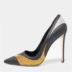 René Caovilla Black Leather Crystal Embellished Pointed Pumps Size 41