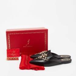 Rene Caovilla Black Leather Crystal Embellished Pointed Toe Flat Mules Size 39.5