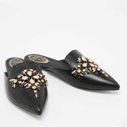 Rene Caovilla Black Leather Crystal Embellished Pointed Toe Flat Mules Size 39.5