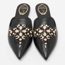 Rene Caovilla Black Leather Crystal Embellished Pointed Toe Flat Mules Size 39.5